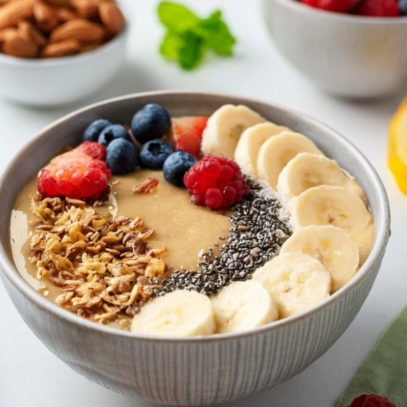 Healthy smoothie bowl topped with banana slices,berries, chia seeds and granola