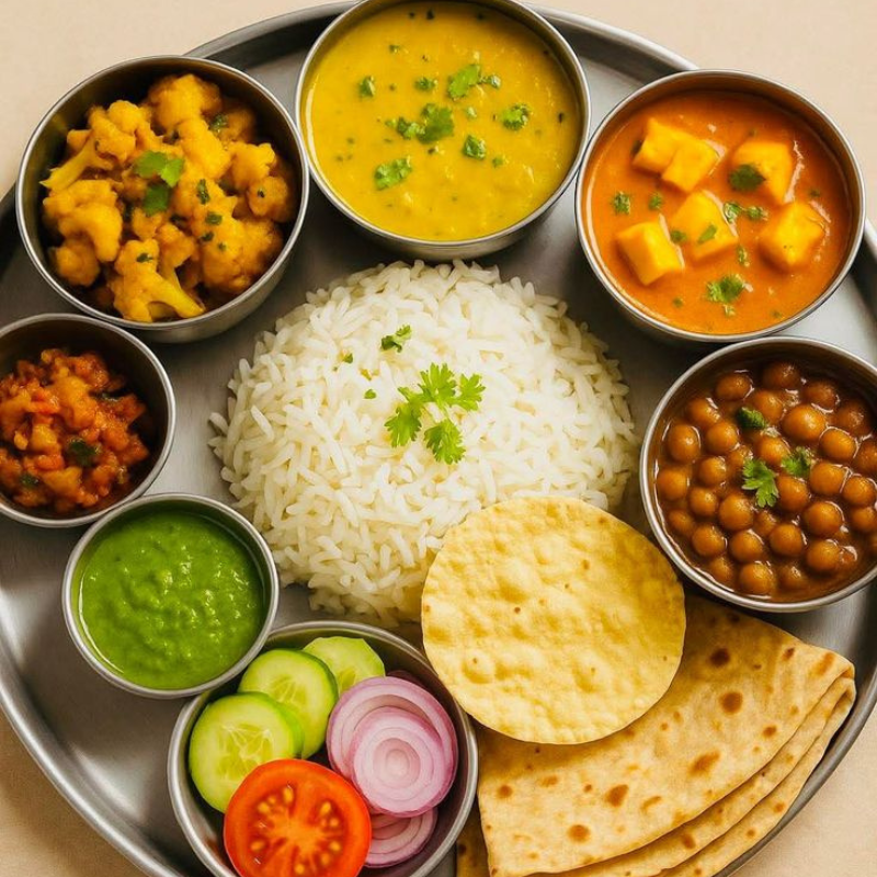 Indian vegetarian plate with rice, pulse,salad and chutney